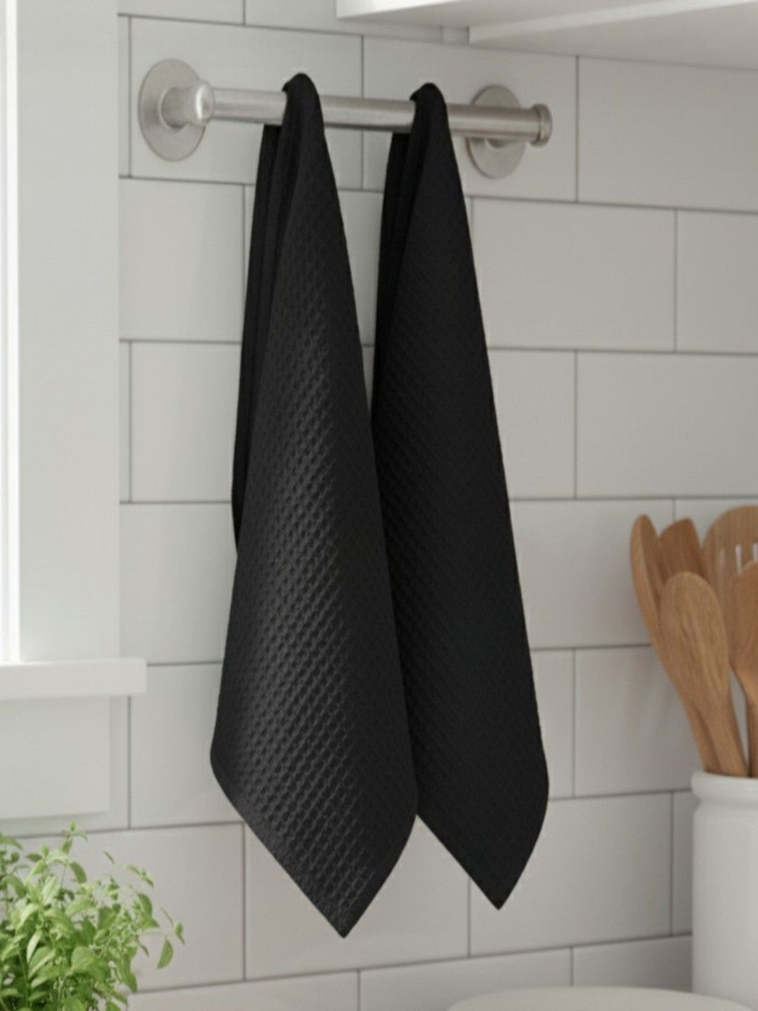 Woven Home Designs 2 Pieces Black Waffled Woven-Designed Cotton Kitchen Towels-picture-10
