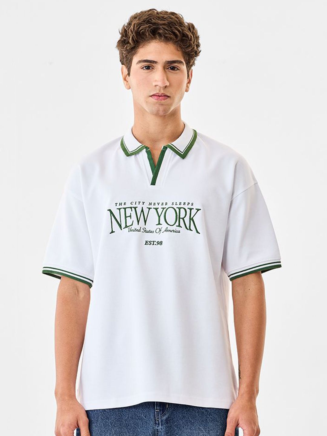 Snitch Men Typography Embroidered Polo Collar Drop-Shoulder Sleeves Oversized T-shirt-image-47