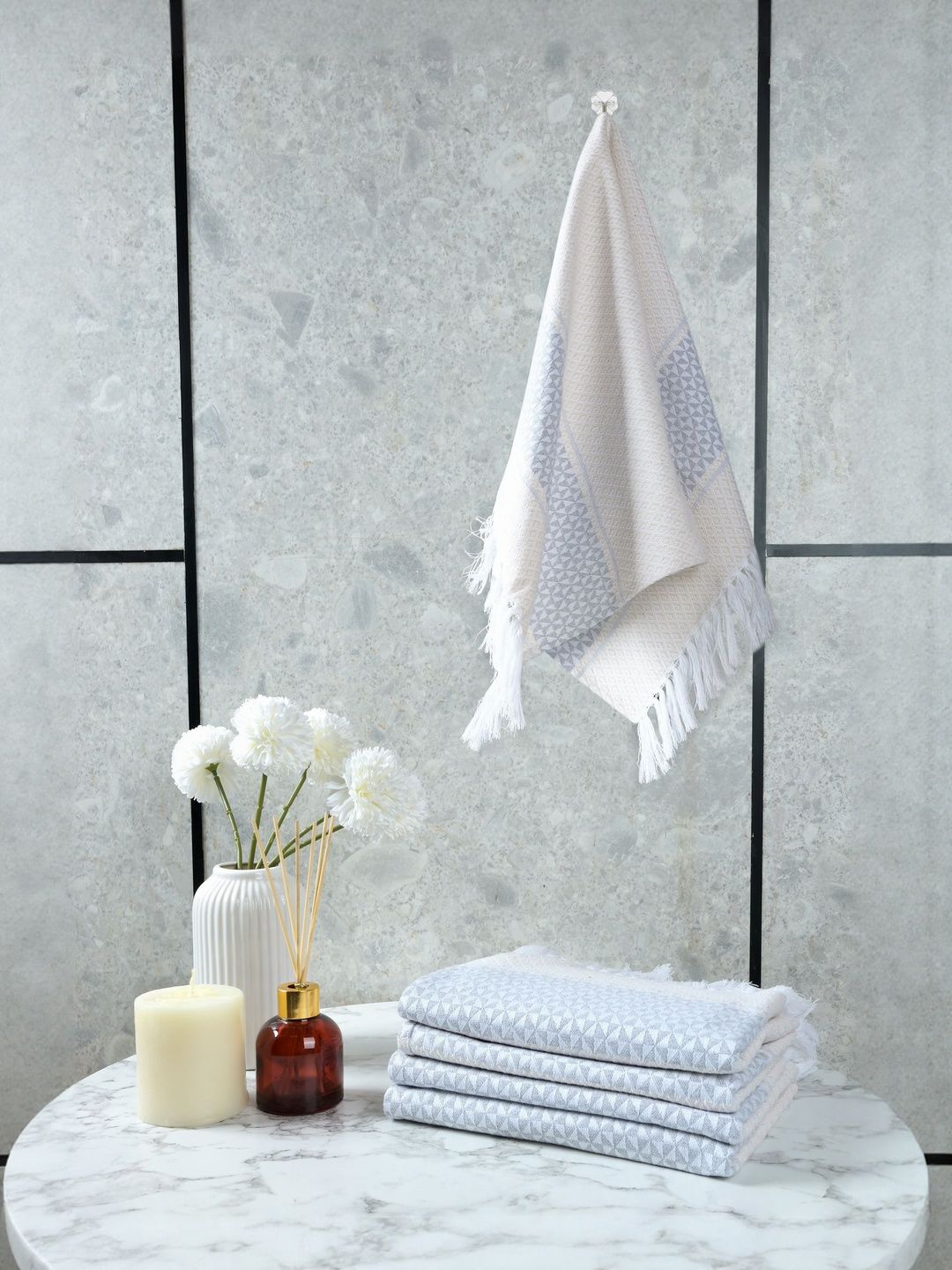 Saral Home Grey Printed Cotton 400 GSM 4Pcs Quick Dry Soft Hand Towel Set- 27.5" x 17.7"-image-36