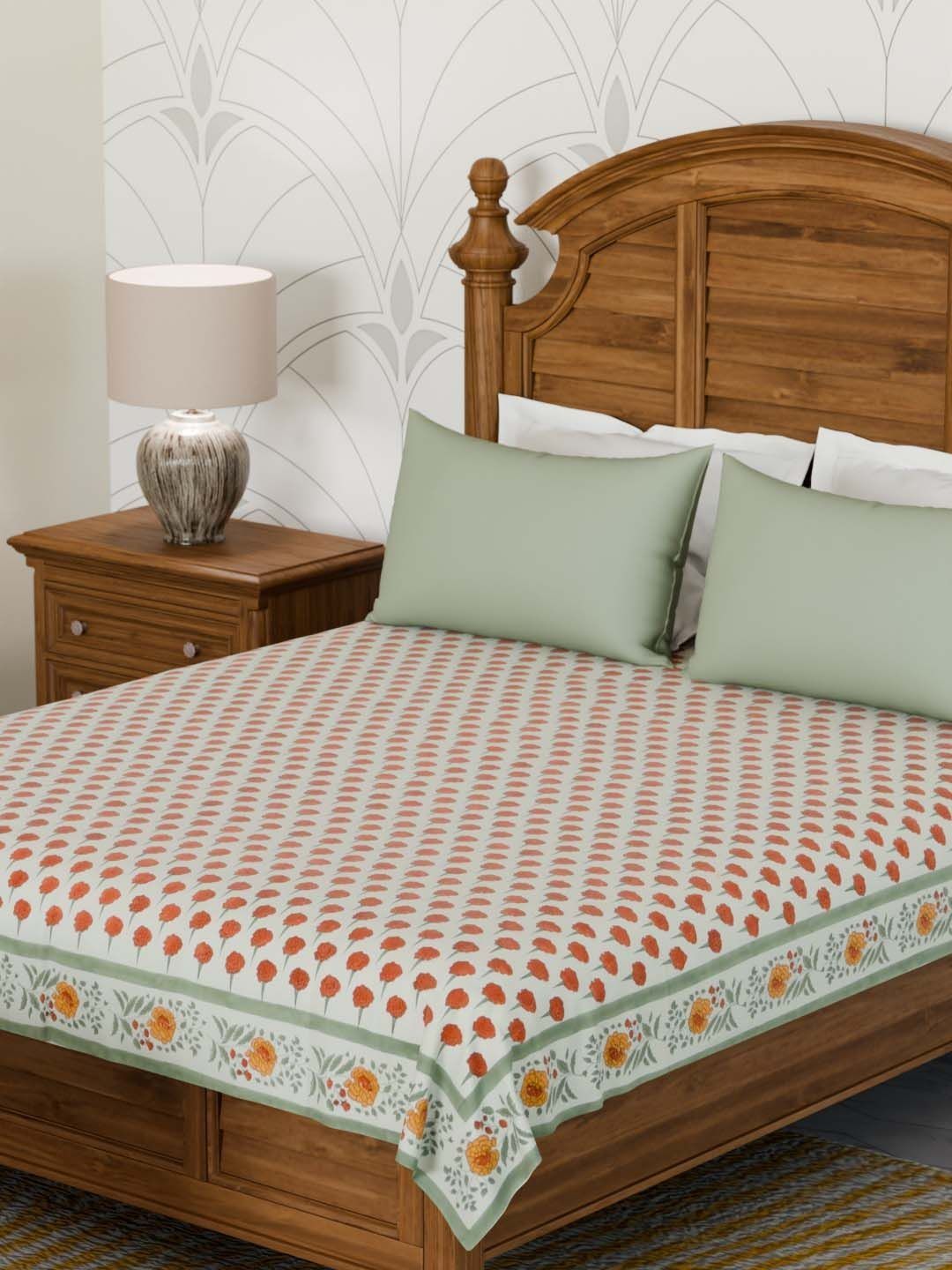 Eyaas Orange-Colored & Off White Floral Printed Cotton Double Bed Cover-picture-47