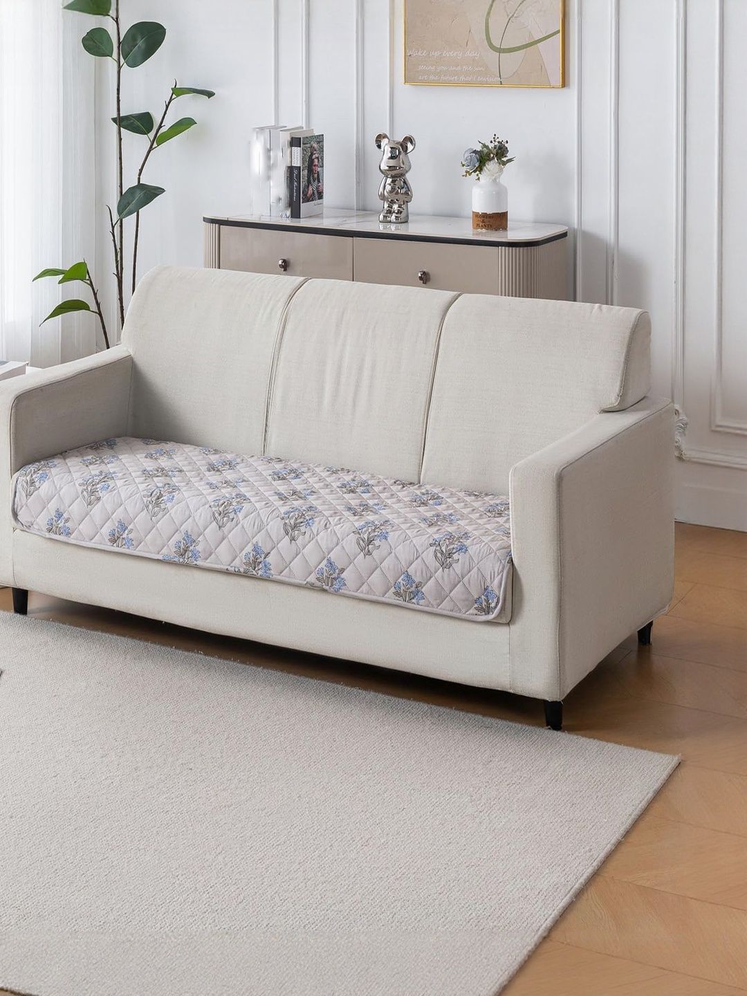 HOUSE OF QUIRK Beige & Blue Printed Cotton Sofa Mat 80x180 CM-image-7