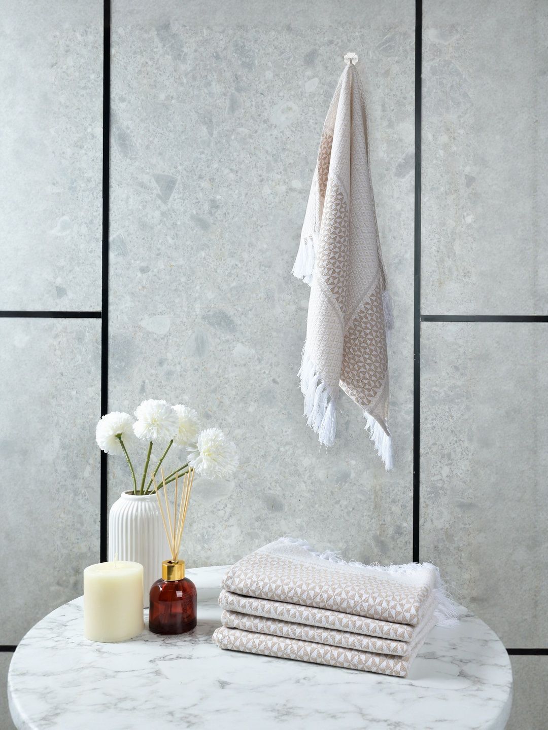 Saral Home Beige Printed Cotton 400 GSM 4Pcs Quick Dry Soft Hand Towel Set- 27.5" x 17.7"-picture-25