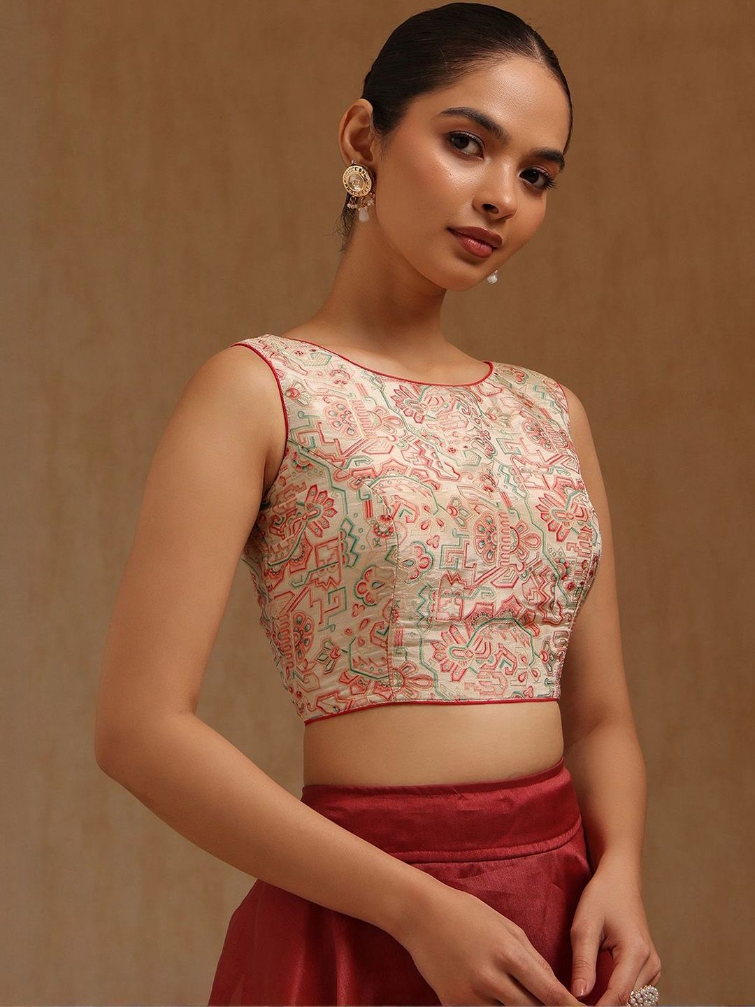 Soch Printed Round Neck Padded Saree Blouse-picture-10