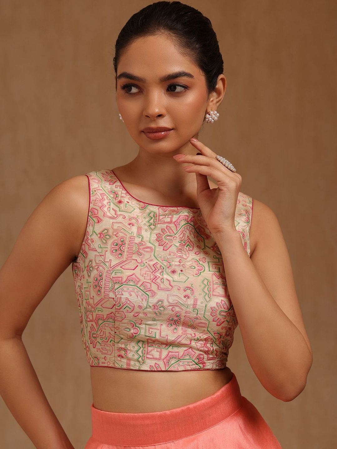 Soch Printed Round Neck Padded Saree Blouse-picture-10