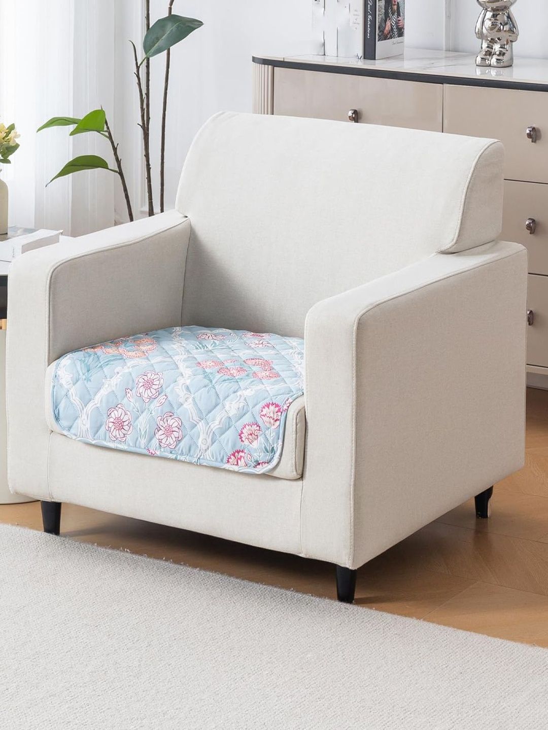 HOUSE OF QUIRK Blue Printed Cotton Anti Slip 1 Seater Straight Sofa Protector Mat 80x60 m-picture-17
