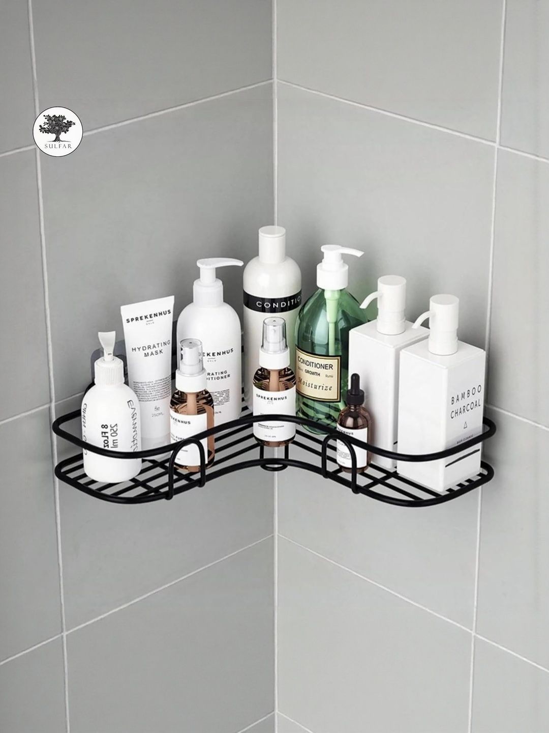 M Y Black Metal Self Adhesive Kitchen & Bathroom Corner Wall Shelf-image-4