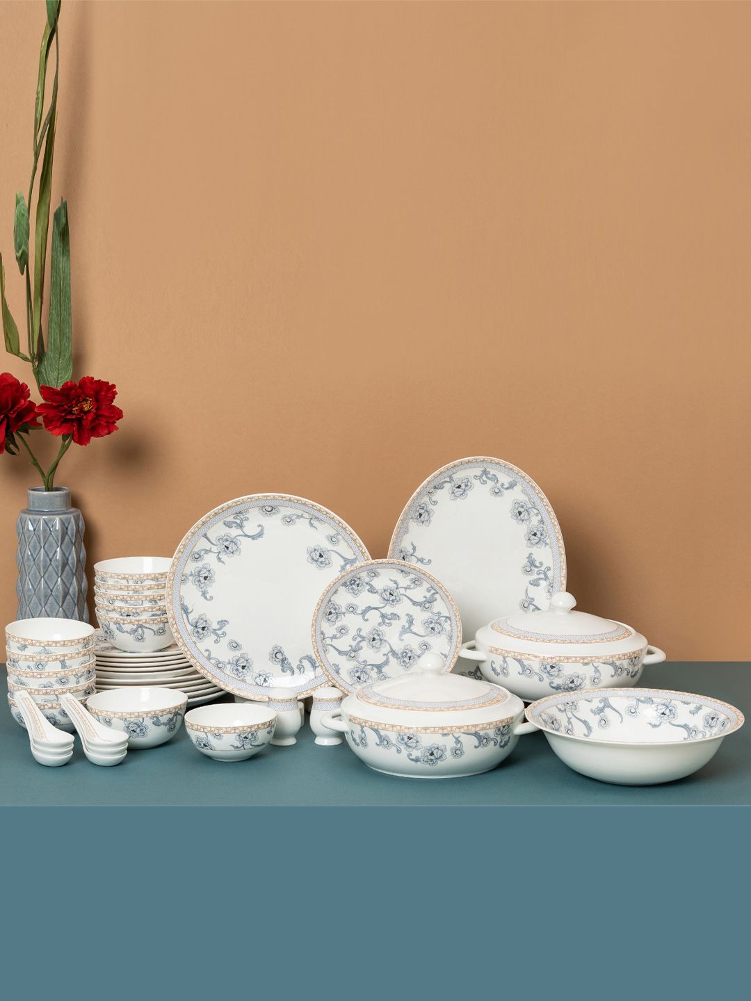 CLAY CRAFT White Floral Ceramic Hand-Painted 38 Piece Dinner Set-picture-18
