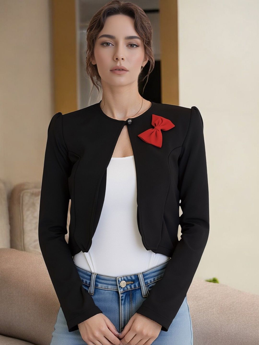 SZN Women Solid Cropped Shrug with Bow Accent-picture-55