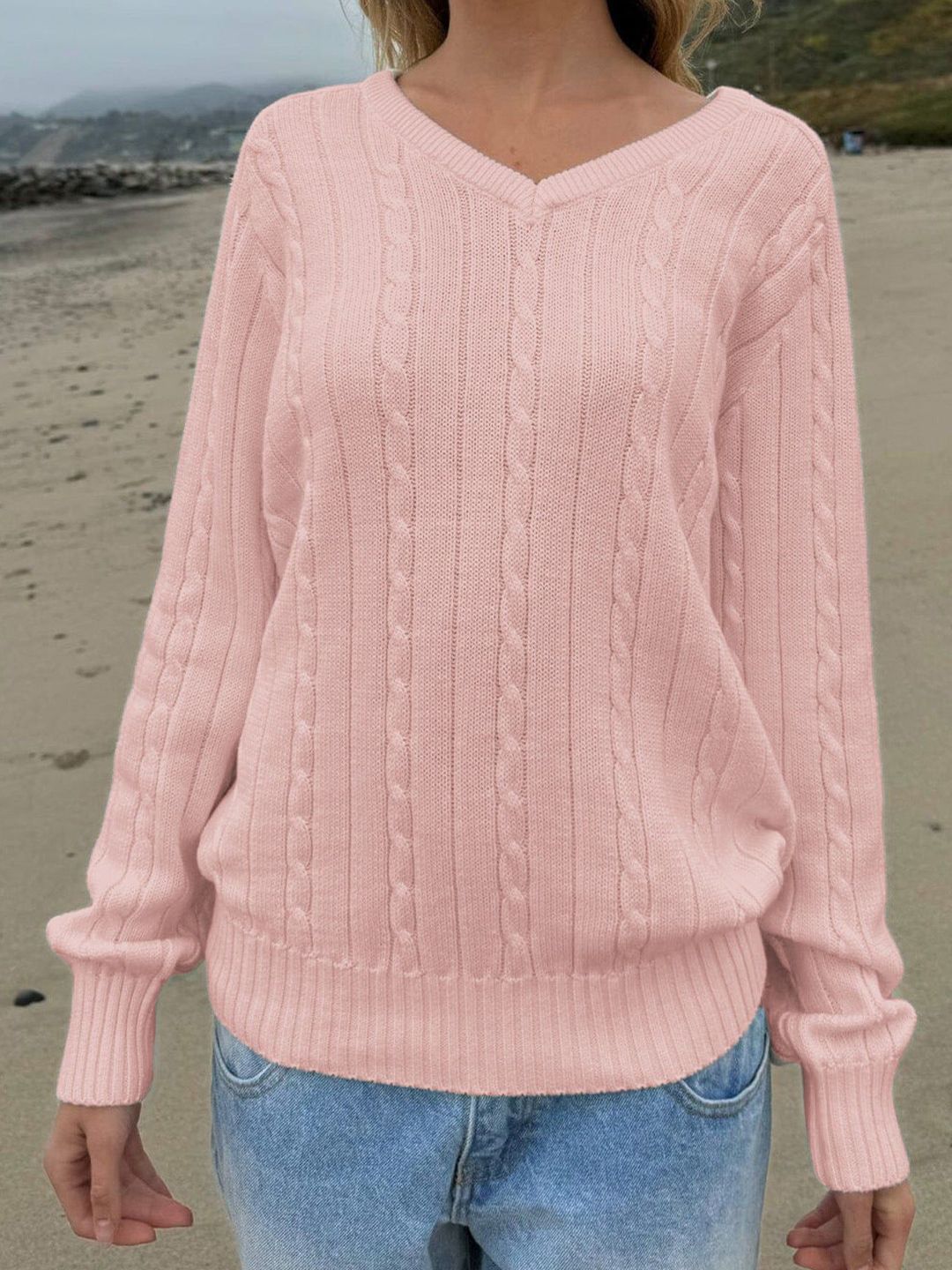 Outzidr Women V-Neck Ribbed Cable Knit Pullover Sweaters-picture-38