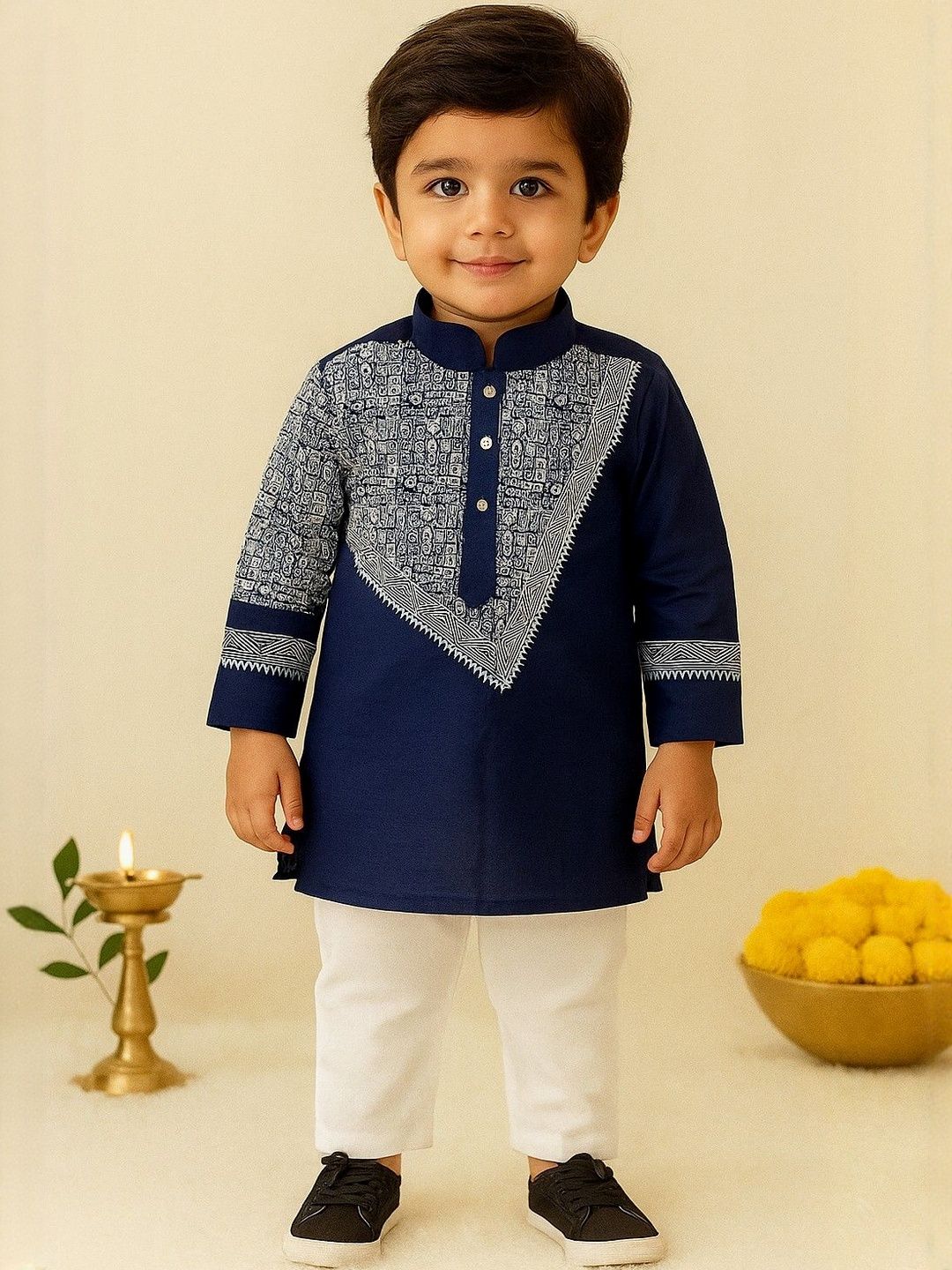 NFC CREATION Boys Ethnic Motifs Printed Regular Dupion Silk Kurta with Pyjamas-image-44