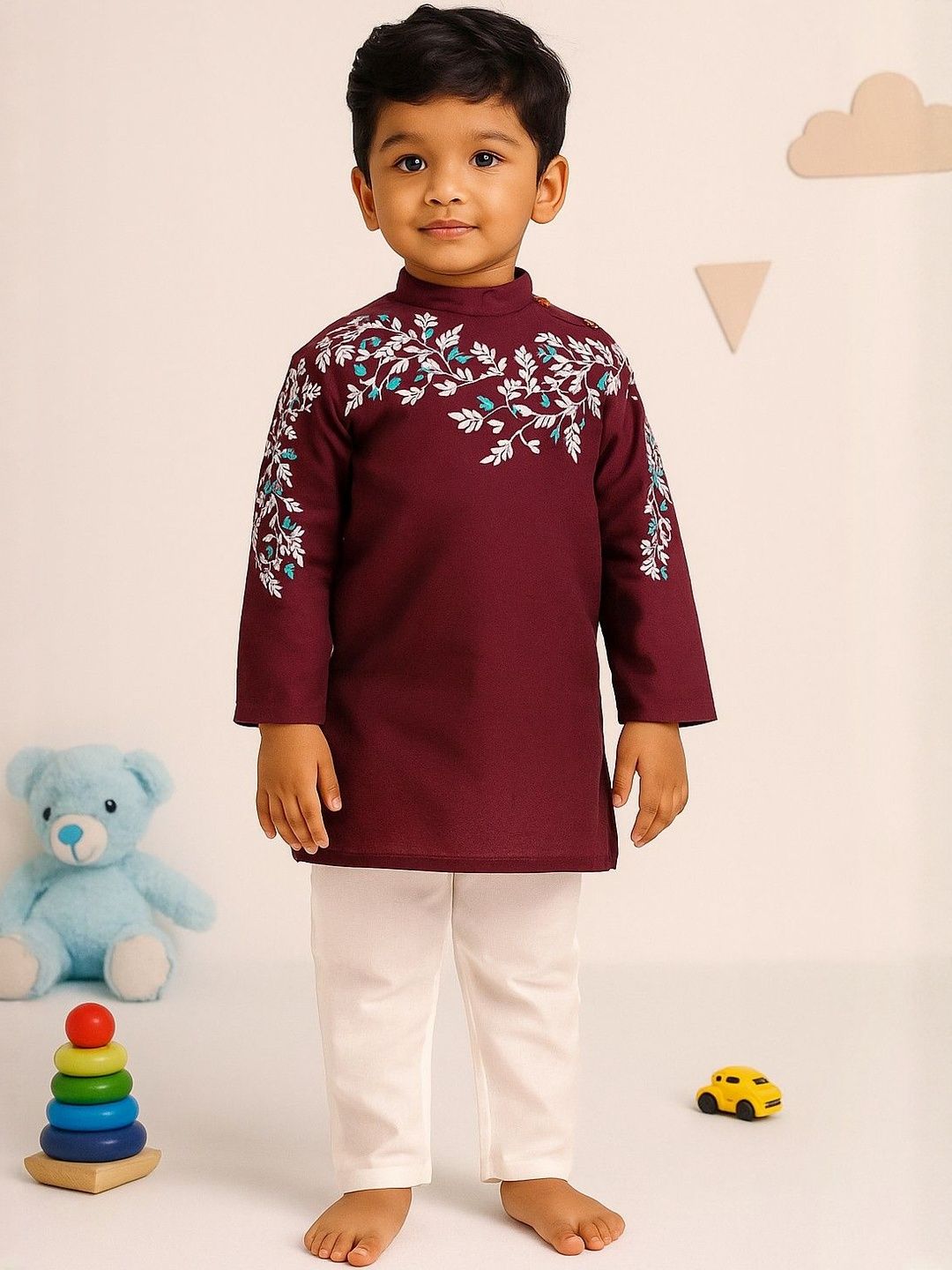 NFC CREATION Boys Ethnic Motifs Embroidered Regular Thread Work Dupion Silk Kurta with Pyjamas-picture-34