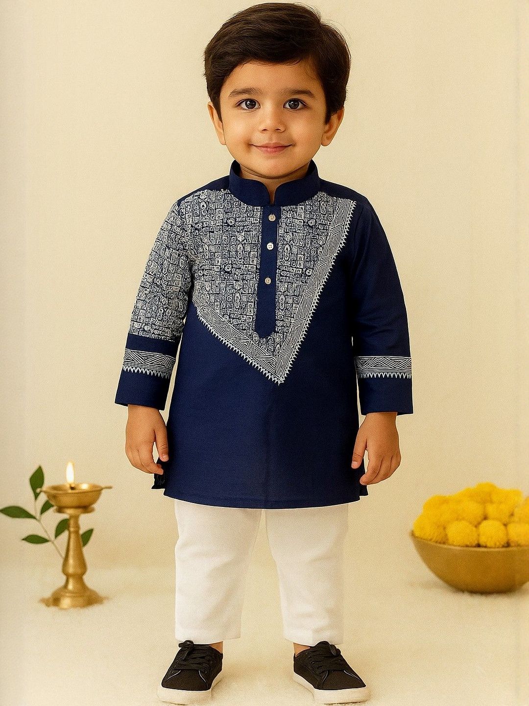 AHLAN APPARELS Boys Ethnic Motifs Printed Regular Dupion Silk Kurta with Trousers-picture-20