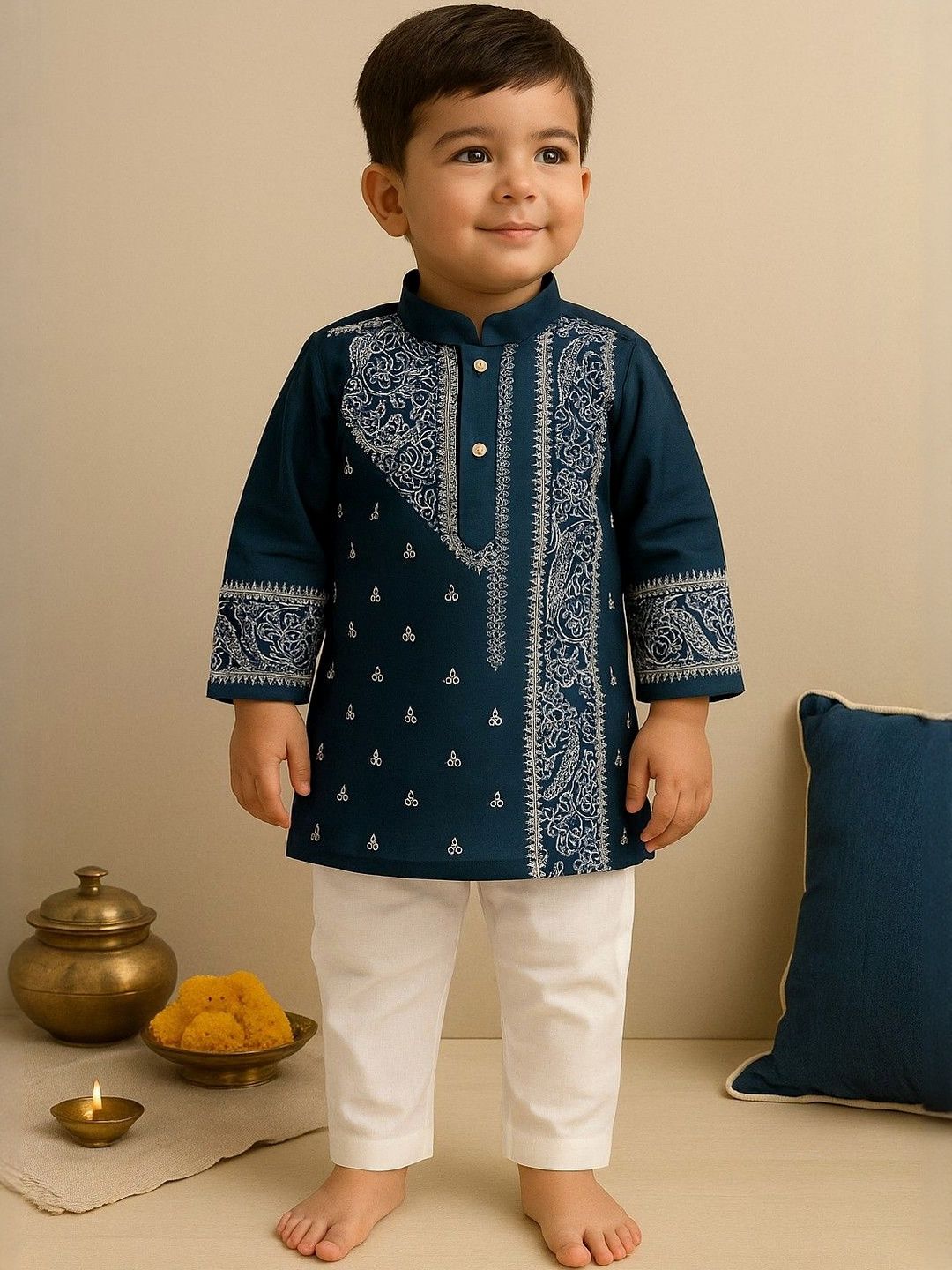 NFC CREATION Boys Ethnic Motifs Embroidered Regular Thread Work Dupion Silk Kurta with Pyjamas-picture-24