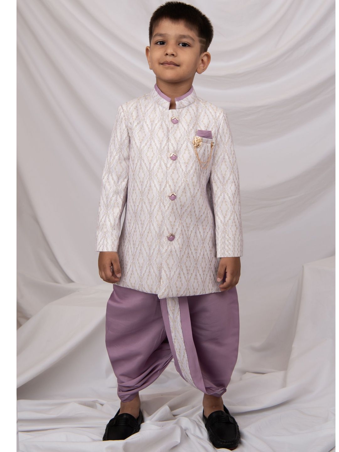 LITTLE COLLARS Boys Embroidered Mandarin Collar Sherwani With Dhoti Pants-picture-15