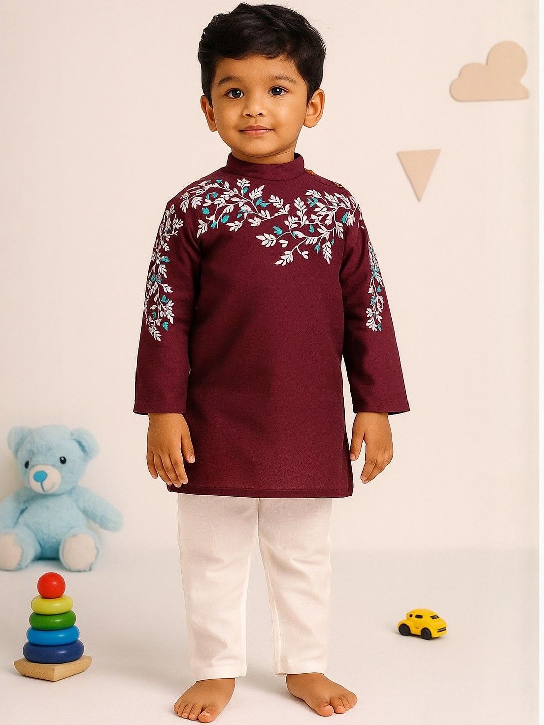 AHLAN APPARELS Boys Floral Embroidered Regular Thread Work Dupion Silk Kurta with Trousers-picture-11