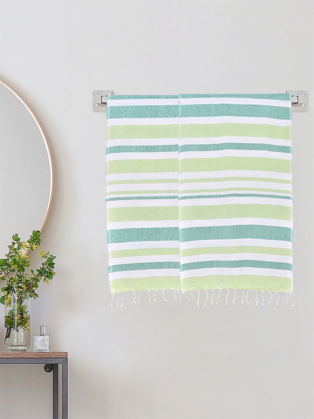KLOTTHE Green & White Striped Cotton 233 GSM Lightweight 2 Pieces Bath Towels-59InX29.5In-image-40
