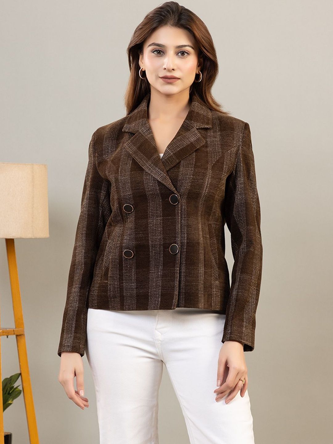 TWENTY ME Checked Notched Lapel Collared Double-Breasted Blazer-picture-19