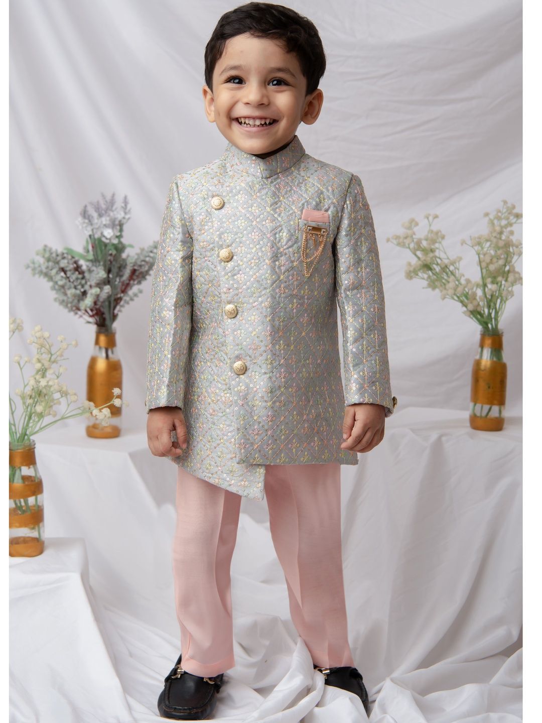 LITTLE COLLARS Boys Sequin Embroidered Knee Length Regular Sherwani Set With Brooch-picture-31