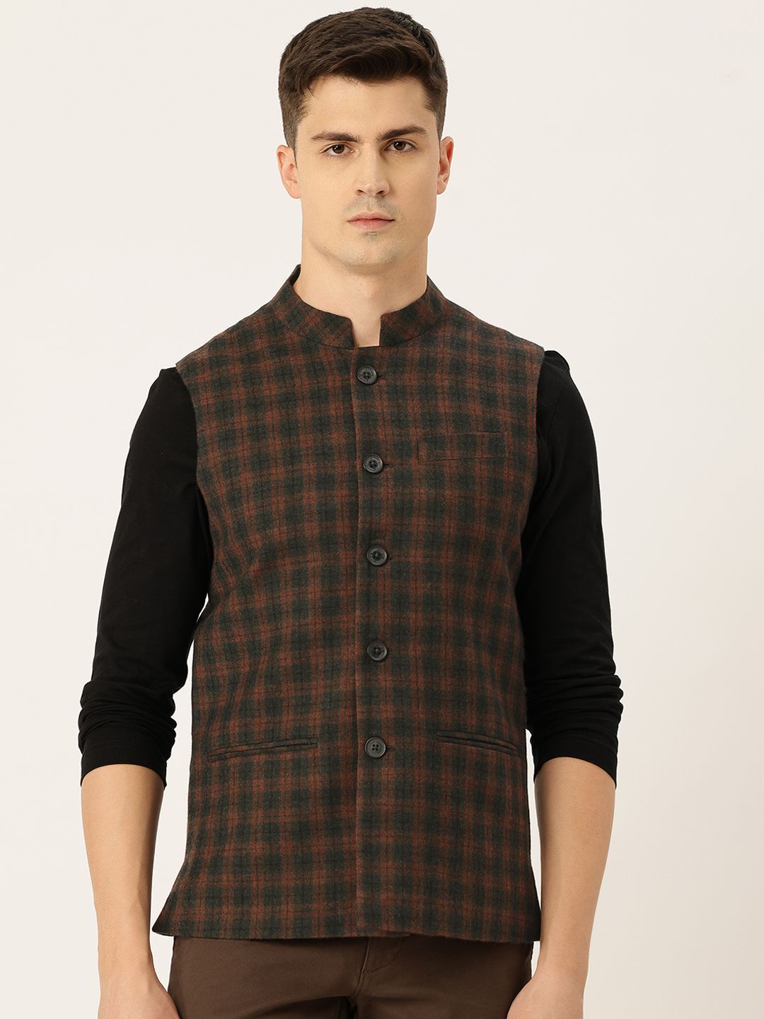 Monte Carlo Checked Pure Wool Nehru Jacket-image-35