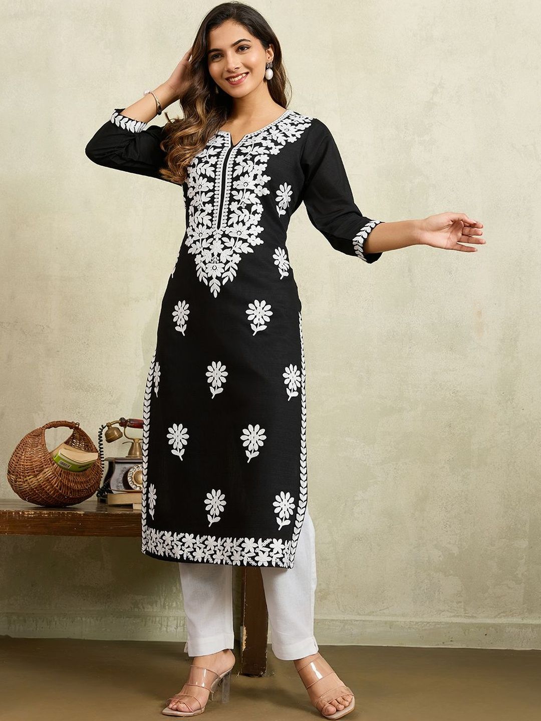 KALINI Floral Embroidered V-Neck Chikankari Chikankari Kurti-picture-30