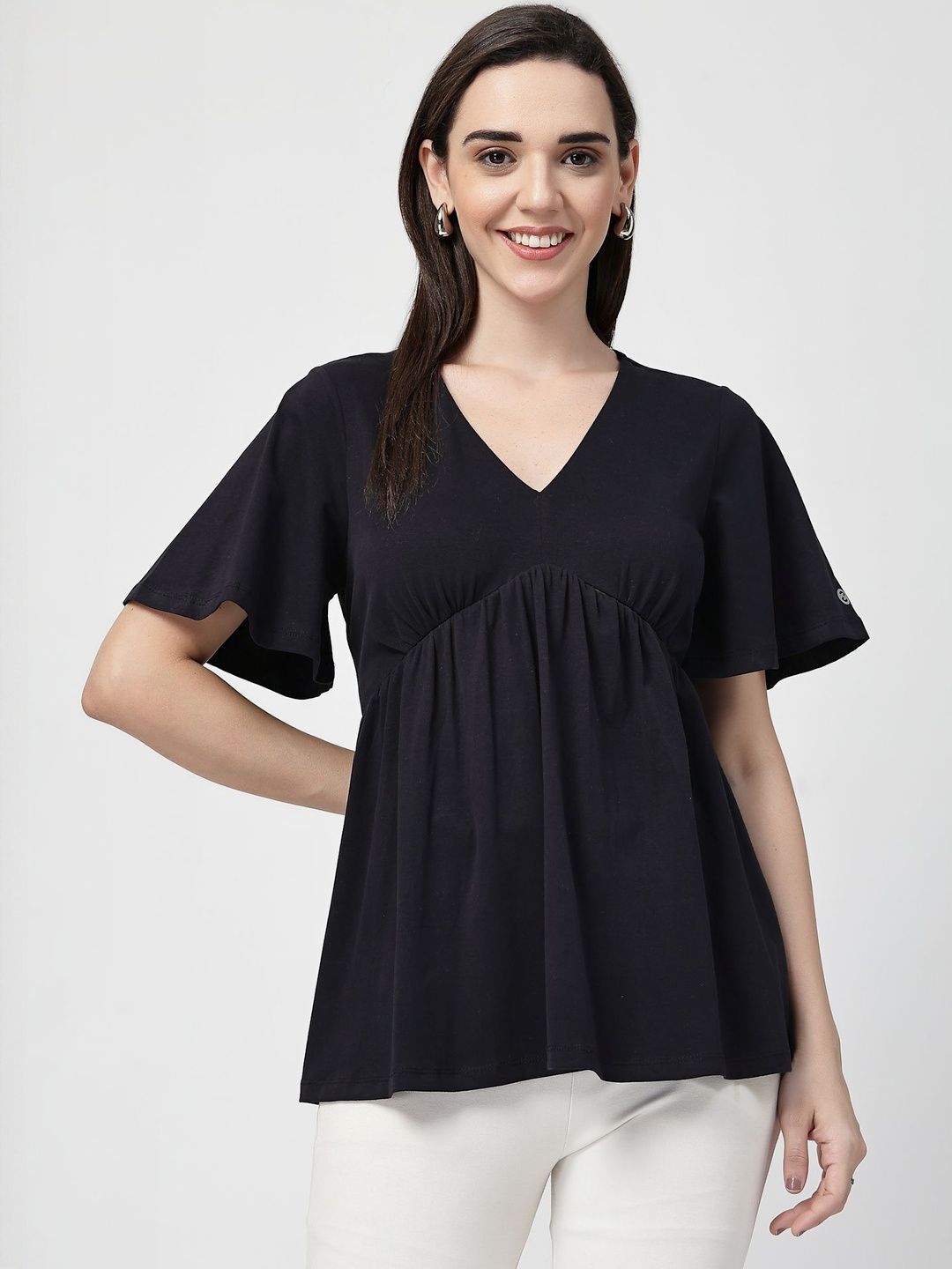 House Of Zelena Women Maternity V Neck Flared Sleeve Pleated Detail Cotton Empire Top-image-2