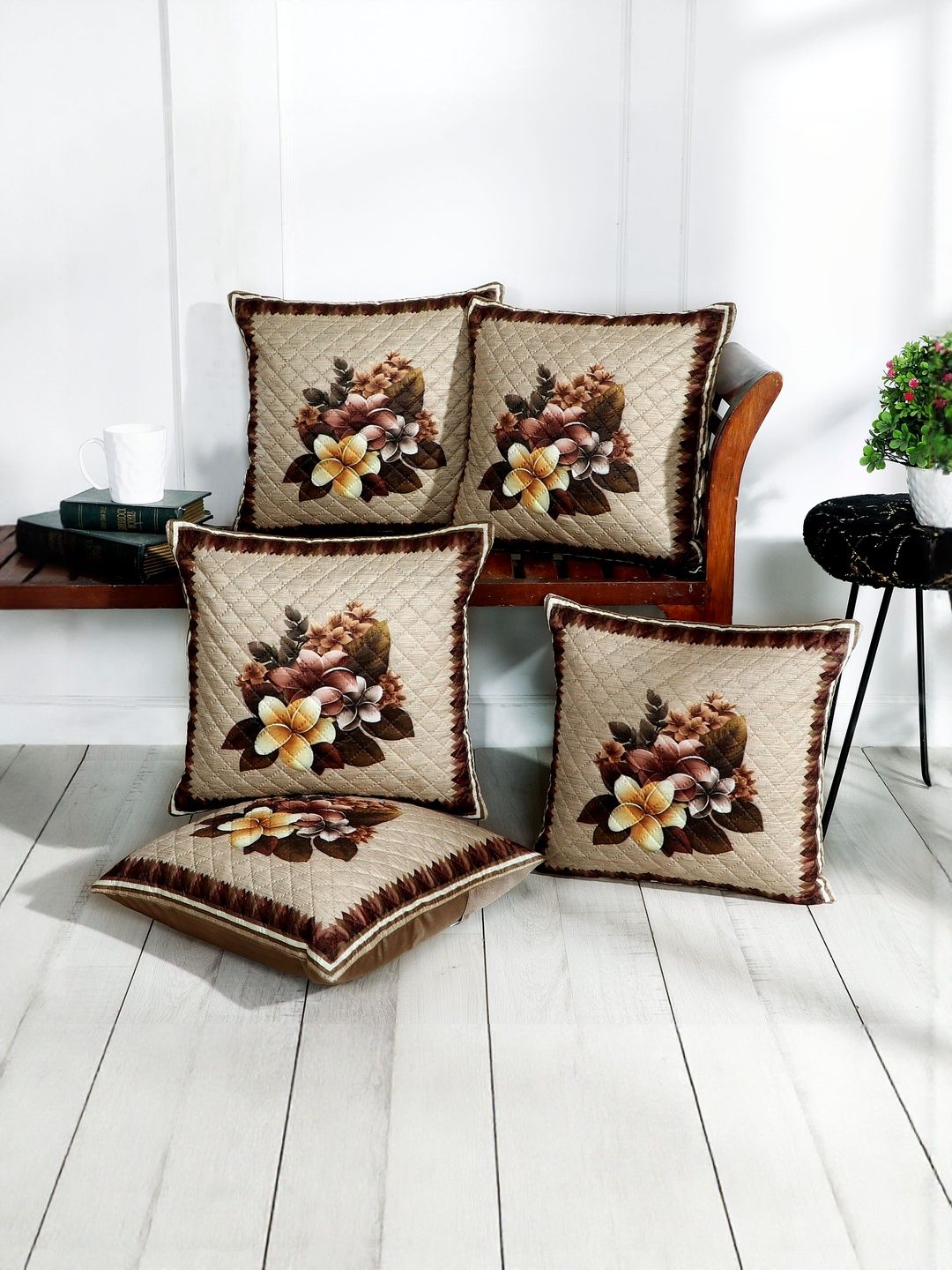 BLUEDOT Brown & Black Floral Velvet 5 Pieces Square Cushion Covers-16 inch x 16 inch-picture-5