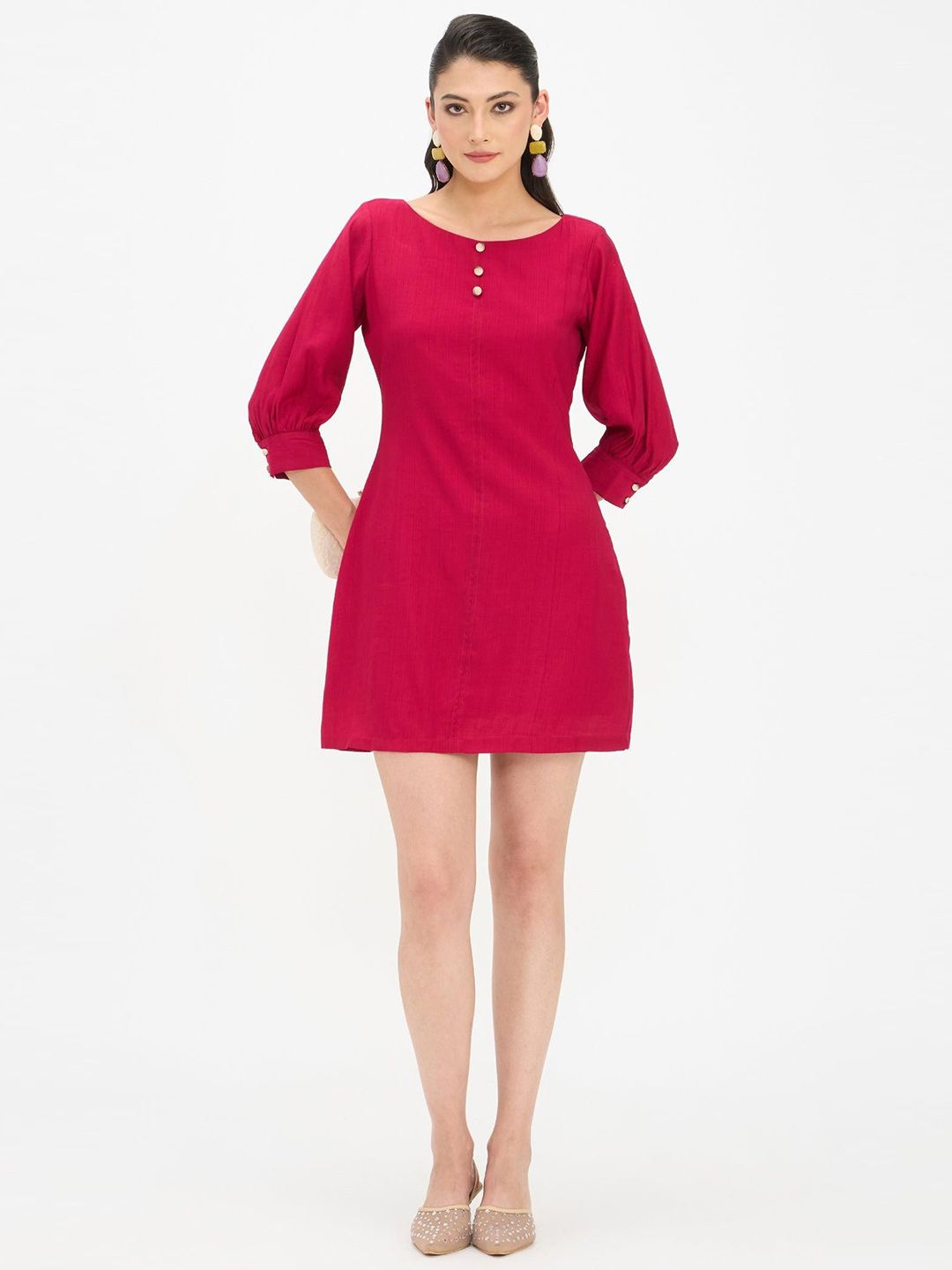 Virgio Women Solid Viscose Boat Neck Three-Quarter Sleeves Dresses-image-12