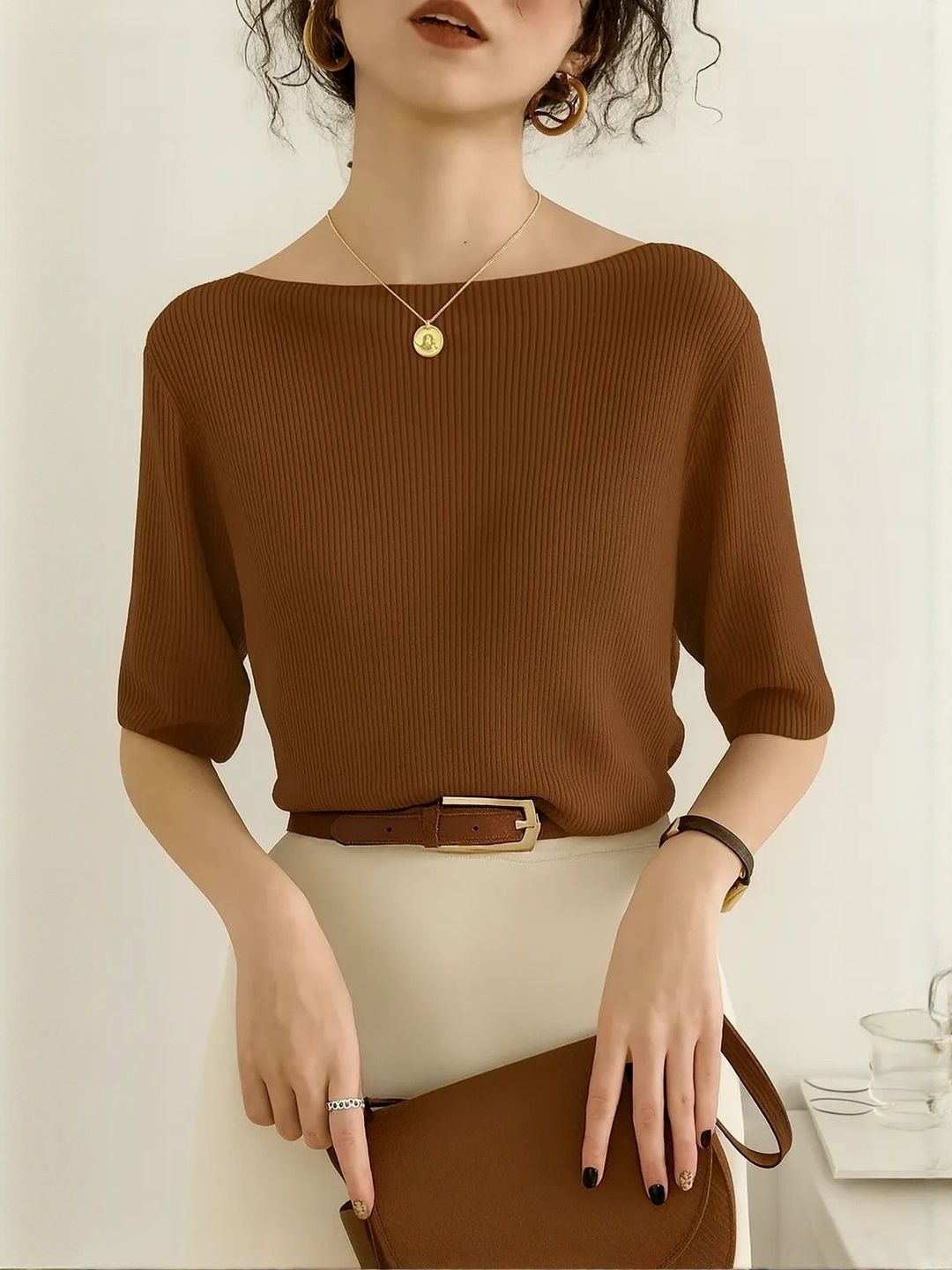 SZN Women Ribbed Half sleeve Wide Neck Regular Top-picture-49