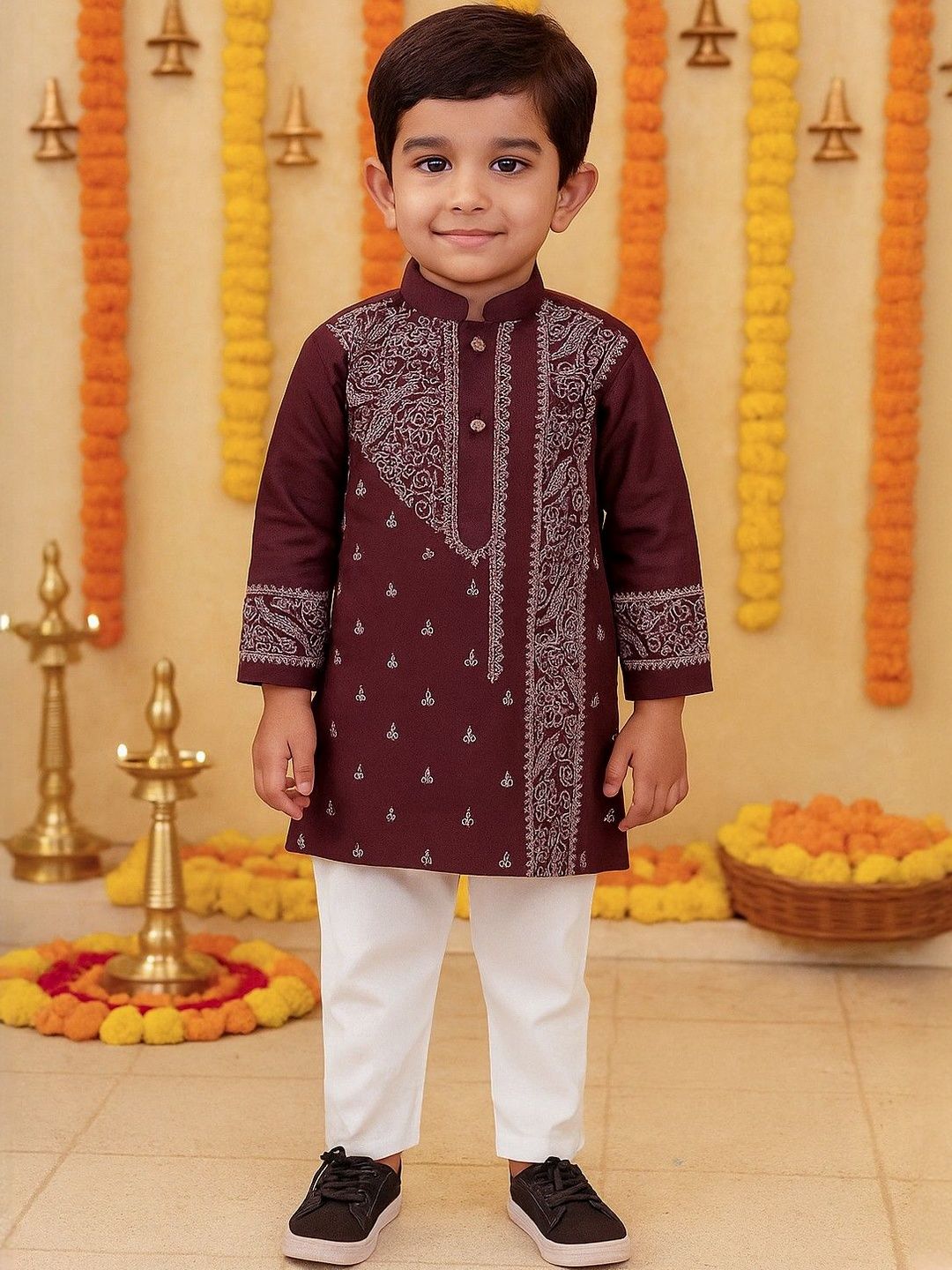 NFC CREATION Boys Ethnic Motifs Embroidered Regular Thread Work Dupion Silk Kurta with Pyjamas-picture-58