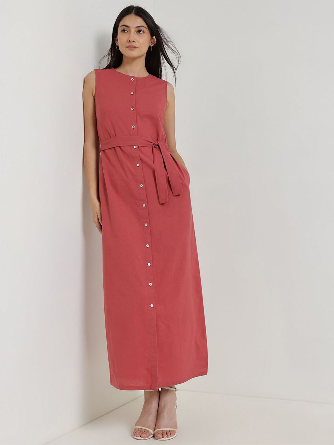 fable street FableStreet Women Solid Sleeveless Round Neck Shift Maxi Dress-picture-13