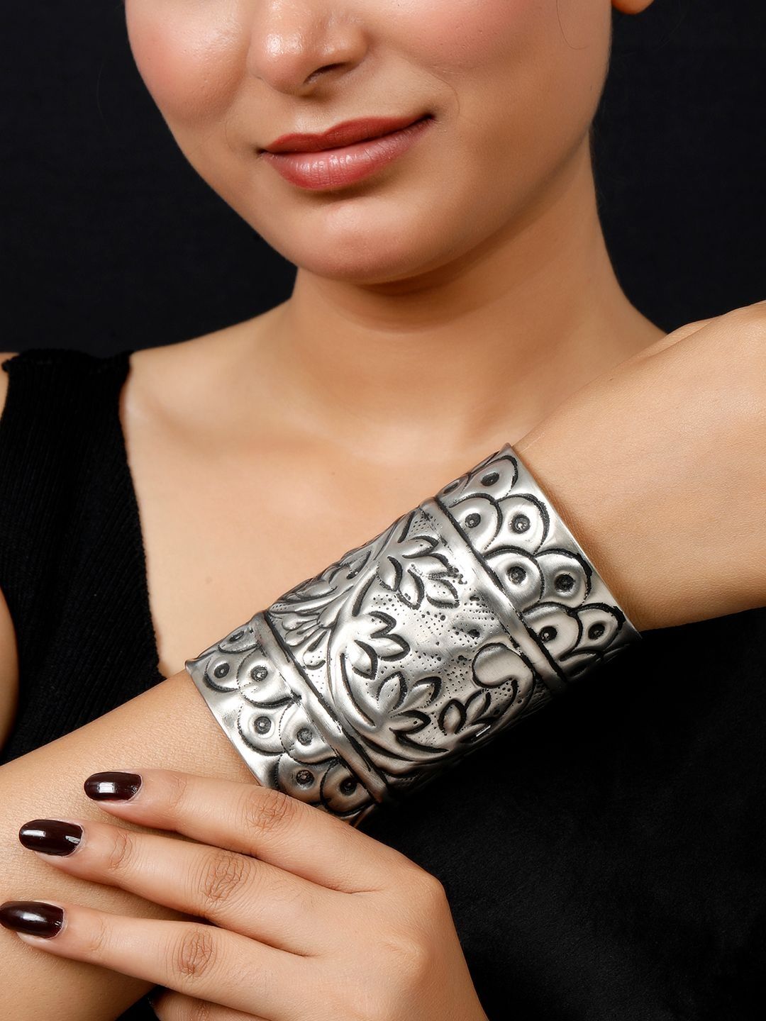 VIVAZS Silver-Plated Oxidised Cuff Bracelet-picture-14