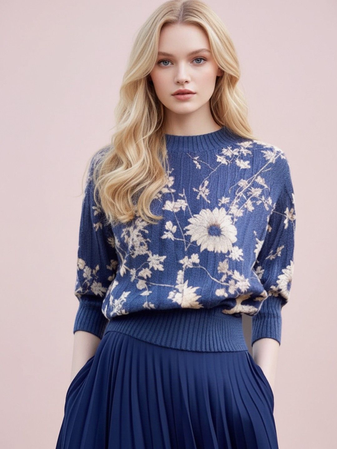 bebe Women Floral Printed Round Neck Pullover Sweater