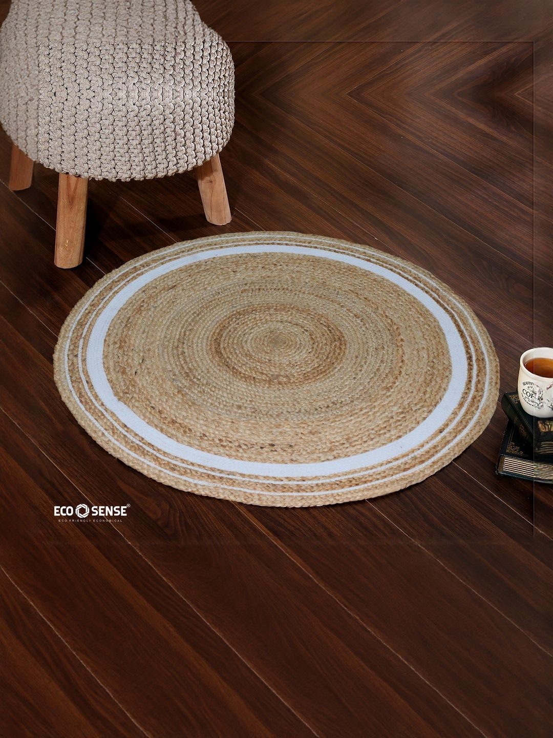 Eco Sense Camel Brown & White Ethnic Motifs Textured Jute Braided Round Floor Mat-picture-45