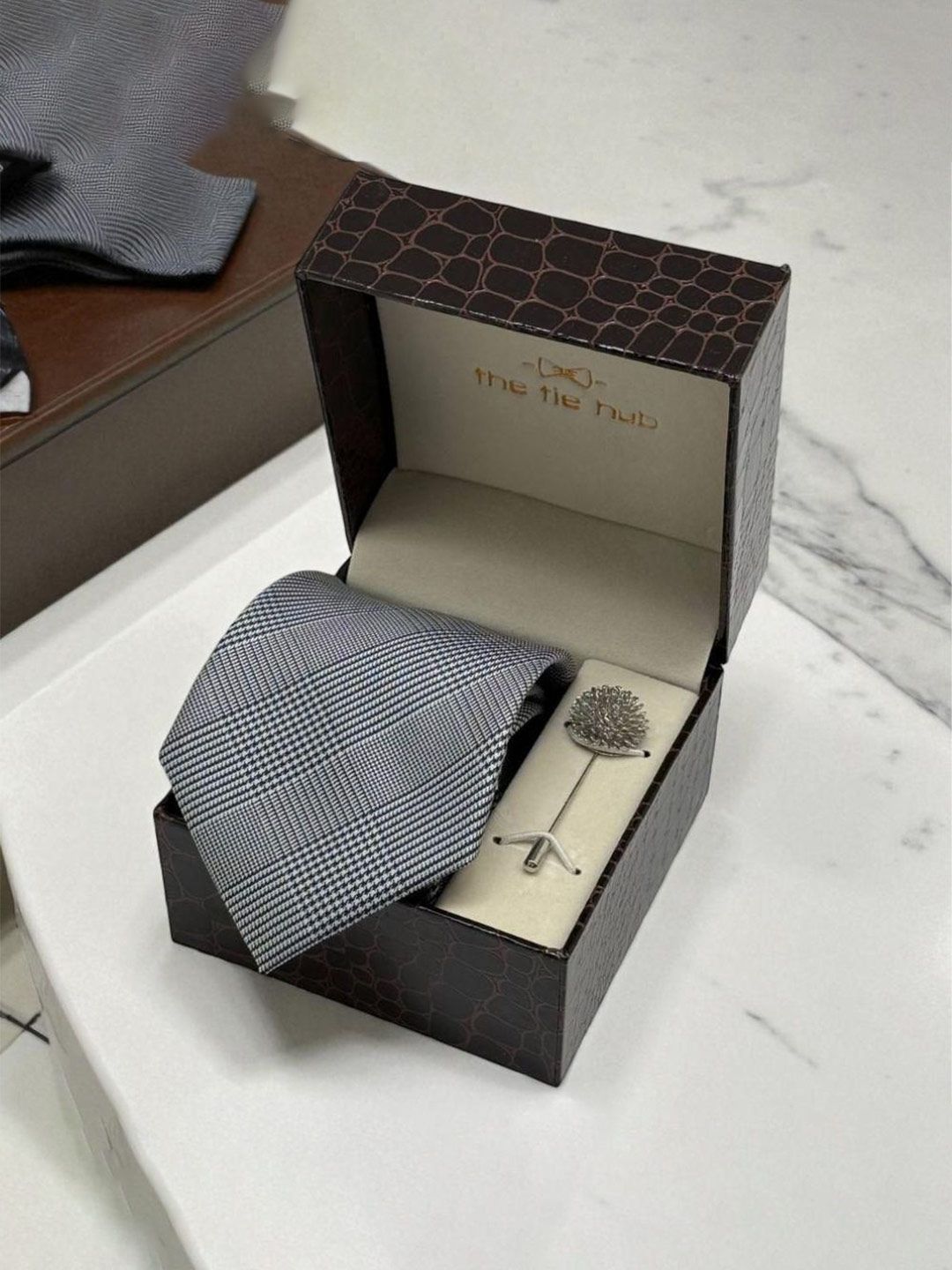 The Tie Hub Men Checkered Necktie with Flower Metal Lapel Pin Combo Set-picture-31