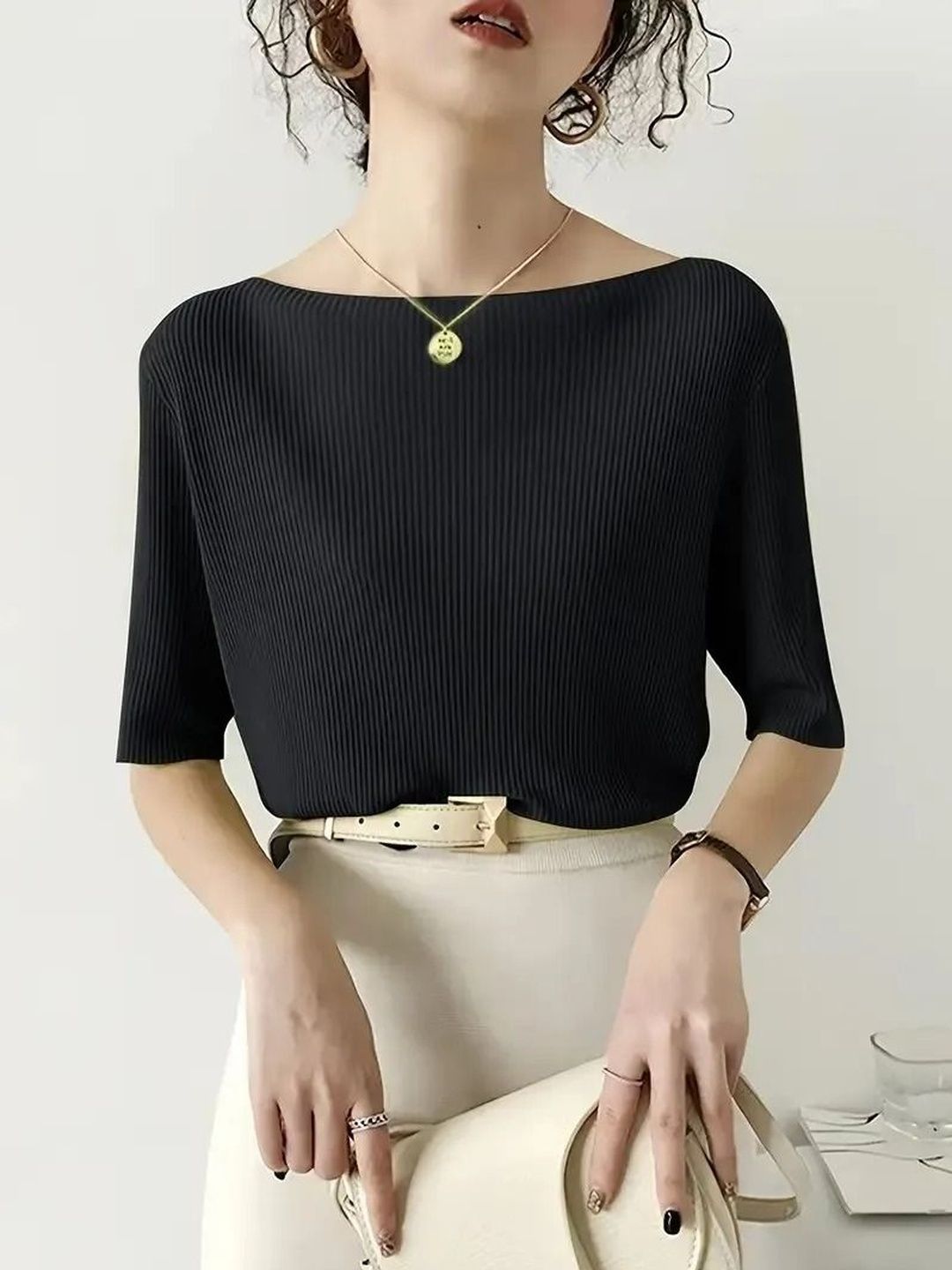 SZN Women Ribbed Boat Neck Regular Sleeves Top-picture-14