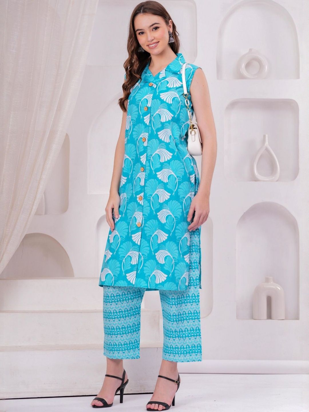 KALINI Floral Printed Lapel Shirt Collar Pure Cotton A-Line Kurta With Palazzos-picture-21