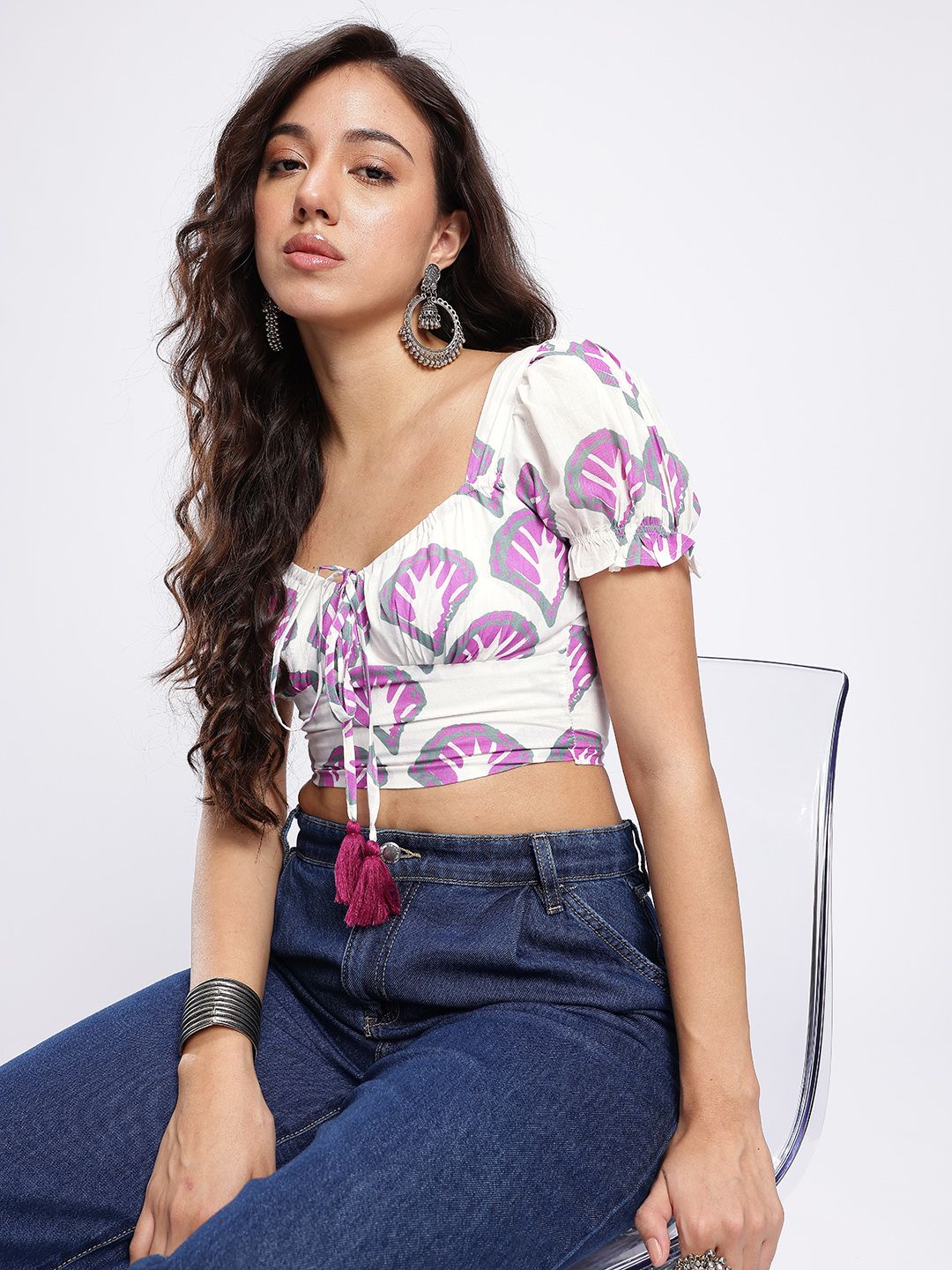 fusion by glitchez Abstract Printed Puff Sleeve Crop Top-picture-18