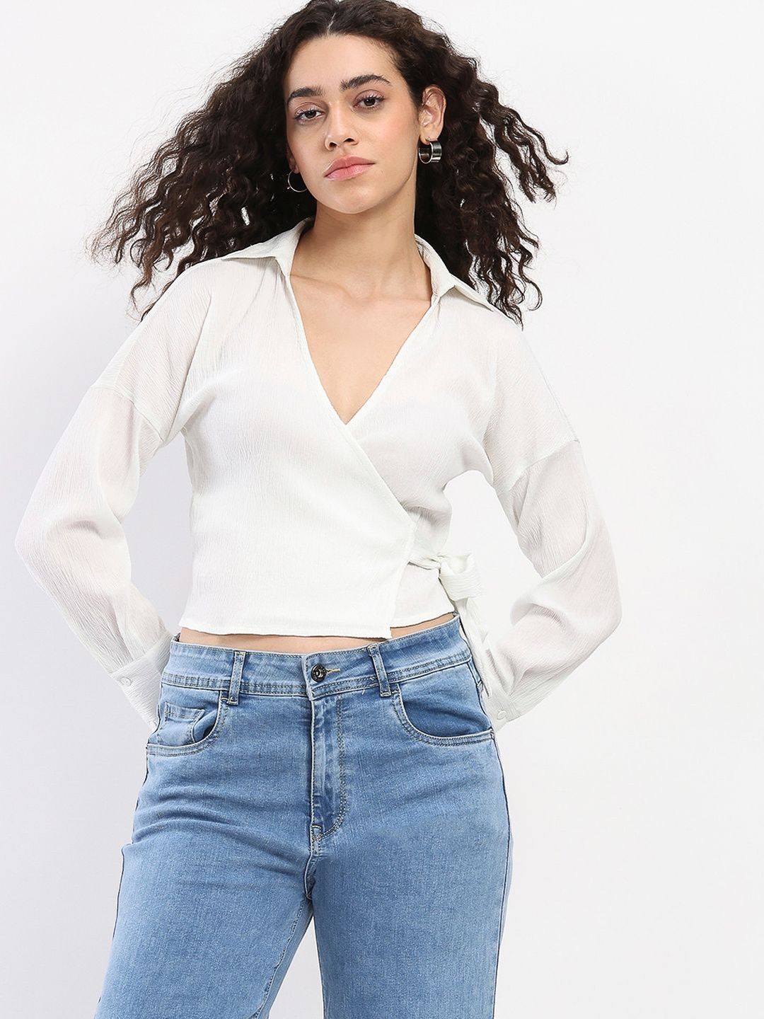 SZN Self Design Shirt Collar Cuffed Sleeves Wrap Crop Top-picture-30