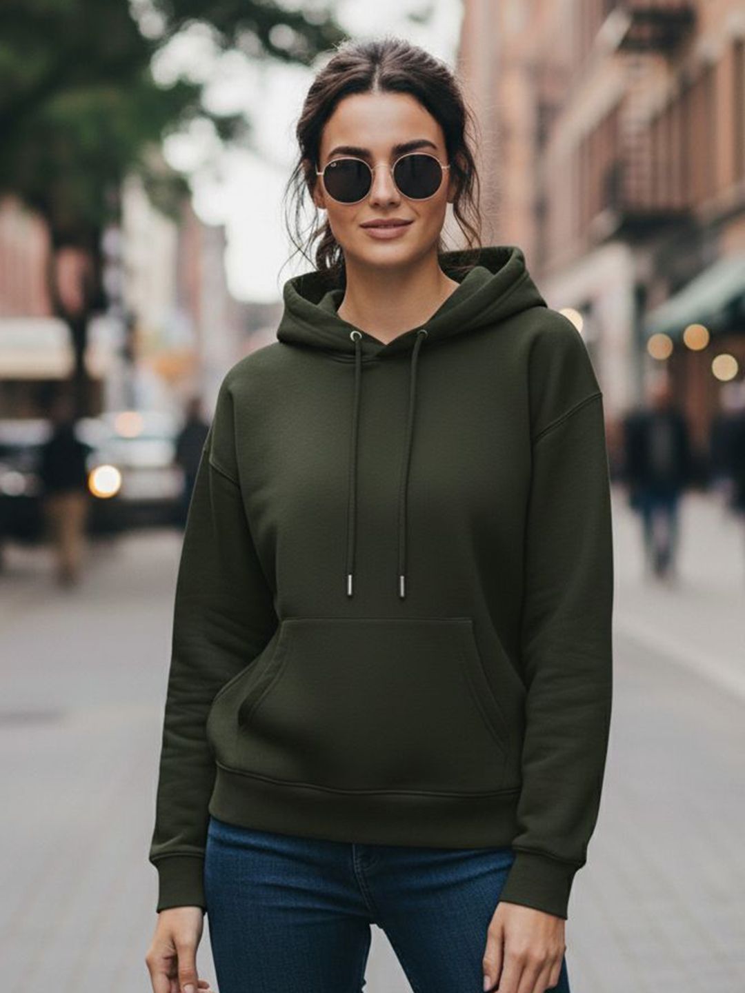 MACK JONNEY Women Fleece Solid Kangaroo Pocket Long Sleeves Hooded Sweatshirt-picture-27