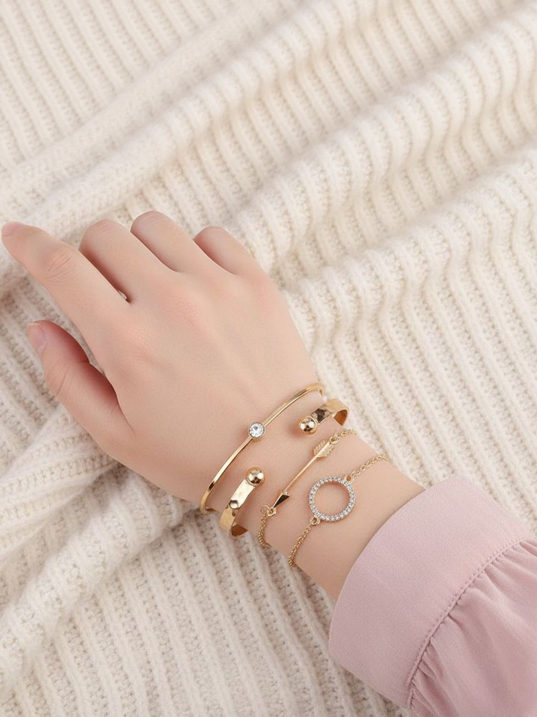 DressBerry Set Of 4 Gold-Plated Cubic Zirconia Studded Cuff Bracelets-picture-32