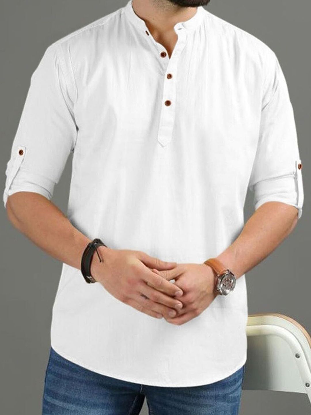 KNOWTED Mandarin Collar Roll-Up Sleeves Straight Short Kurta-image-2
