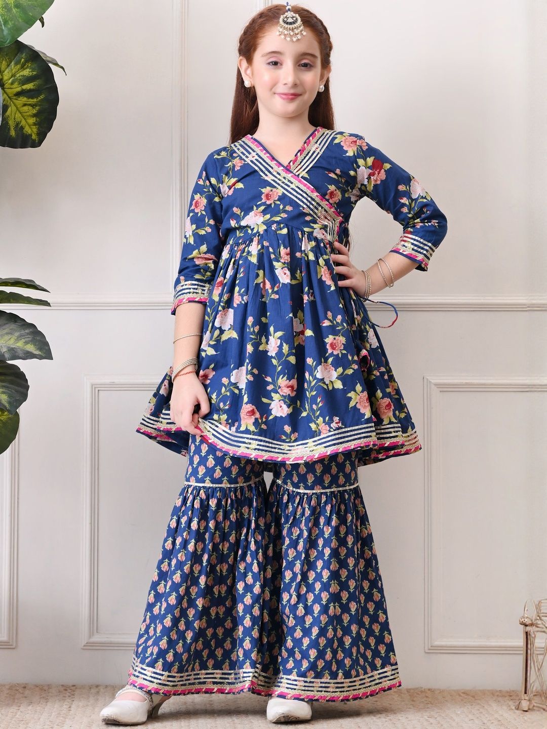 Indi-Loom Couture Girls Floral Printed Angrakha Pure Cotton Anarkali Kurta with Sharara-picture-11
