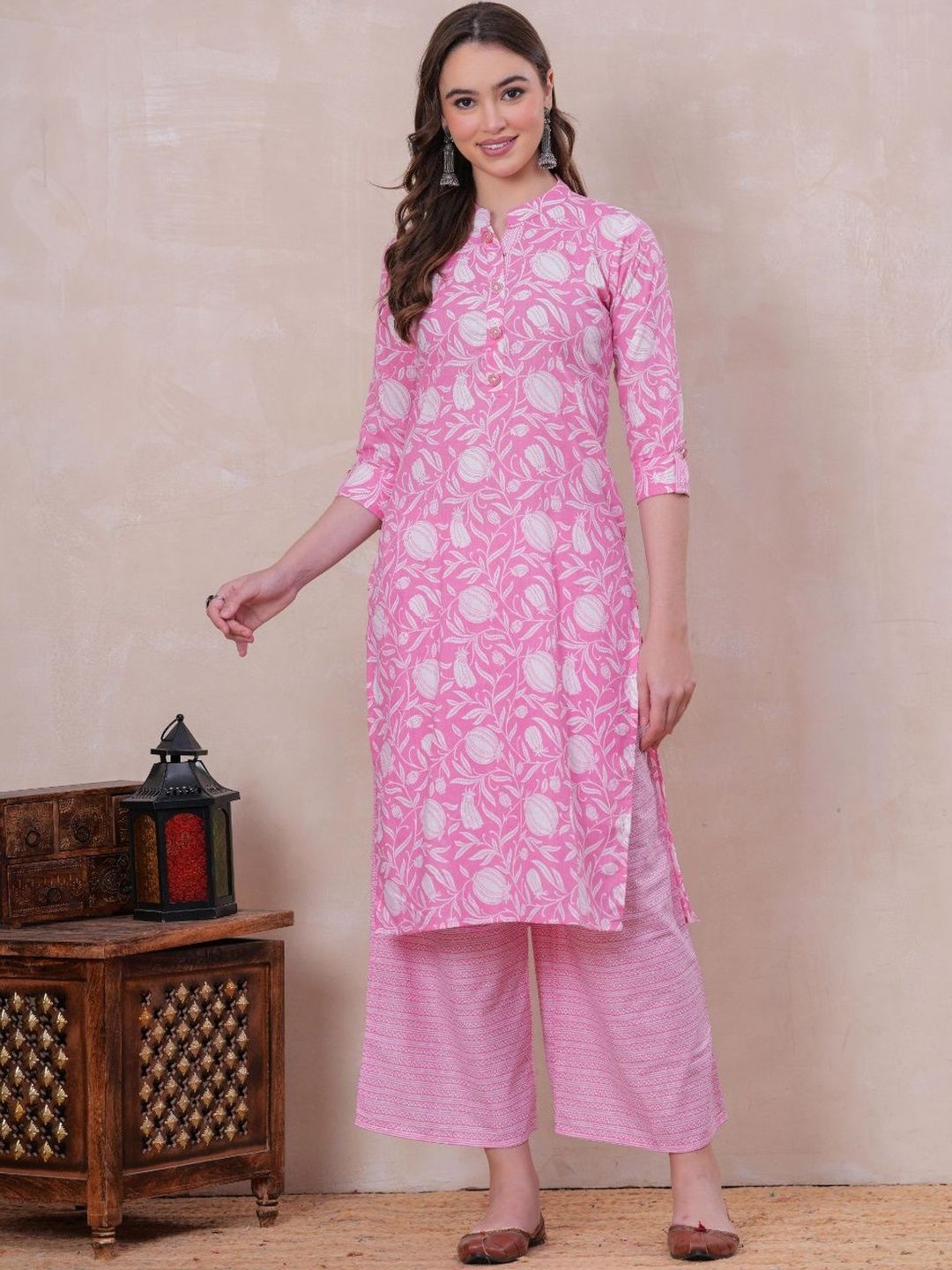 KALINI Floral Printed Mandarin Collar Pure Cotton Kurta With Palazzo-picture-16