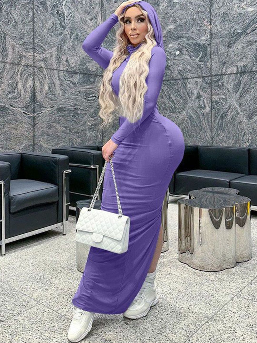 LULU & SKY Solid Hooded Slits Detail Bodycon Maxi Dress-picture-23