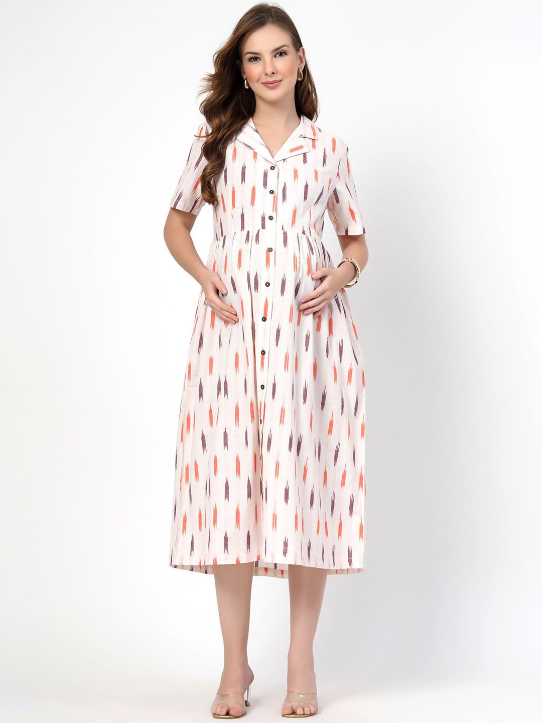 House Of Zelena Ikat Printed Maternity Shirt Midi Dress-image-47