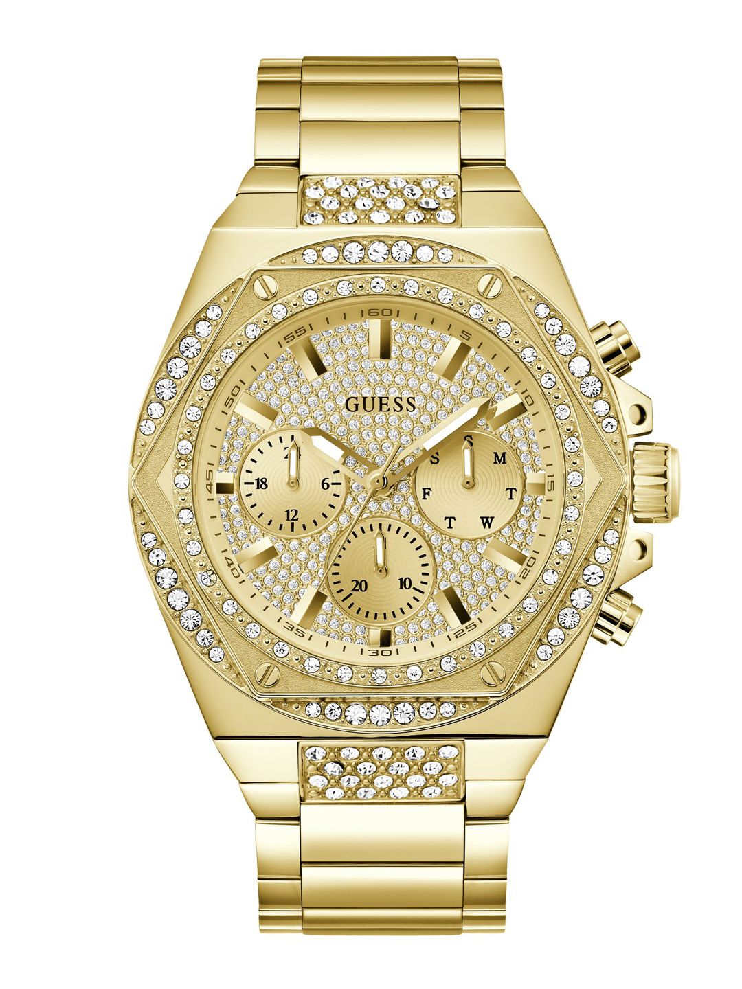 GUESS Men Embellished Dial & Bracelet Style Straps Analogue Chronograph Watch GW0899G2