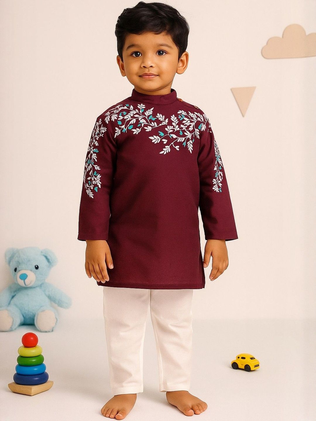 BAESD Boys Floral Printed Mandarin Collar Long Sleeves Dupion Silk Kurta With Pyjamas-picture-36