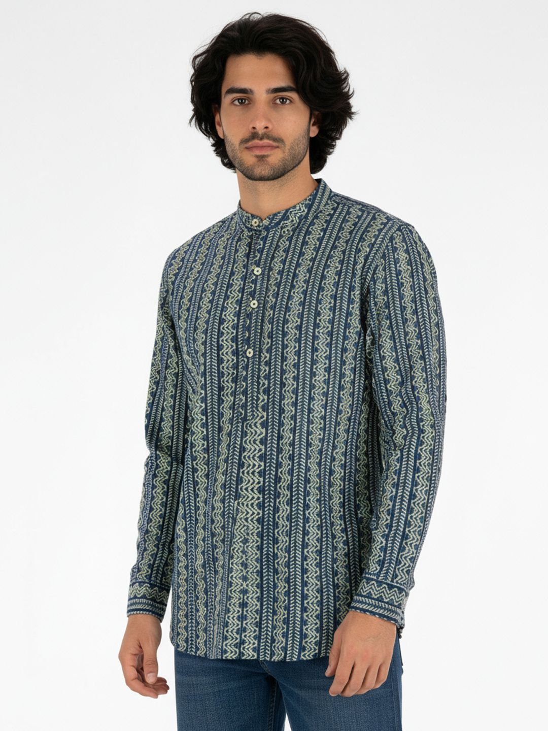 Anouk Rustic Striped Band Collar Straight Kurta-picture-12