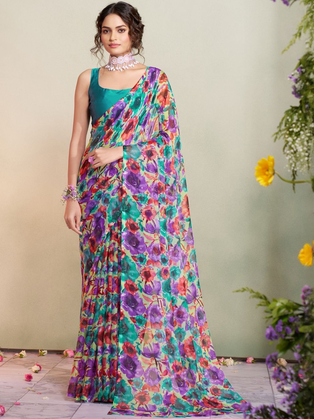 Garden Vareli Floral Printed Pure Chiffon Saree-picture-14