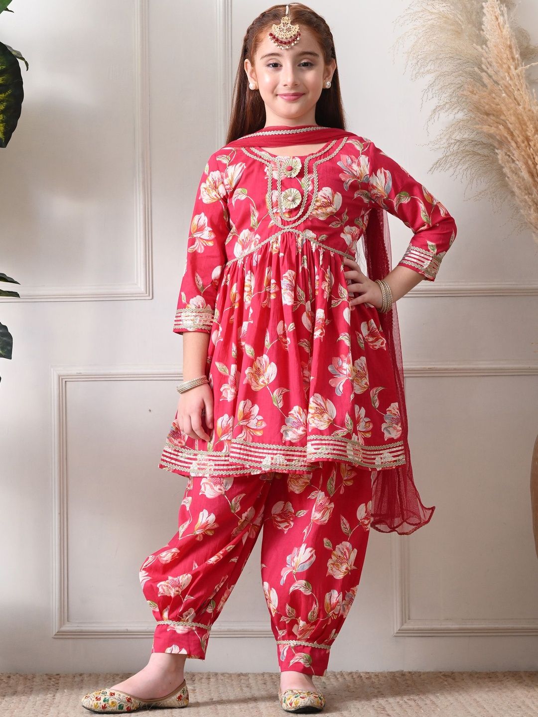 Indi-Loom Couture Girls Floral Printed Pure Cotton Thread Work Kurta & Patiala & Dupatta-picture-40